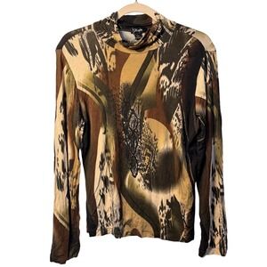 Flair Mock Neck Top Brown Abstract Animal Print Long Sleeve Stretch Blouse Women